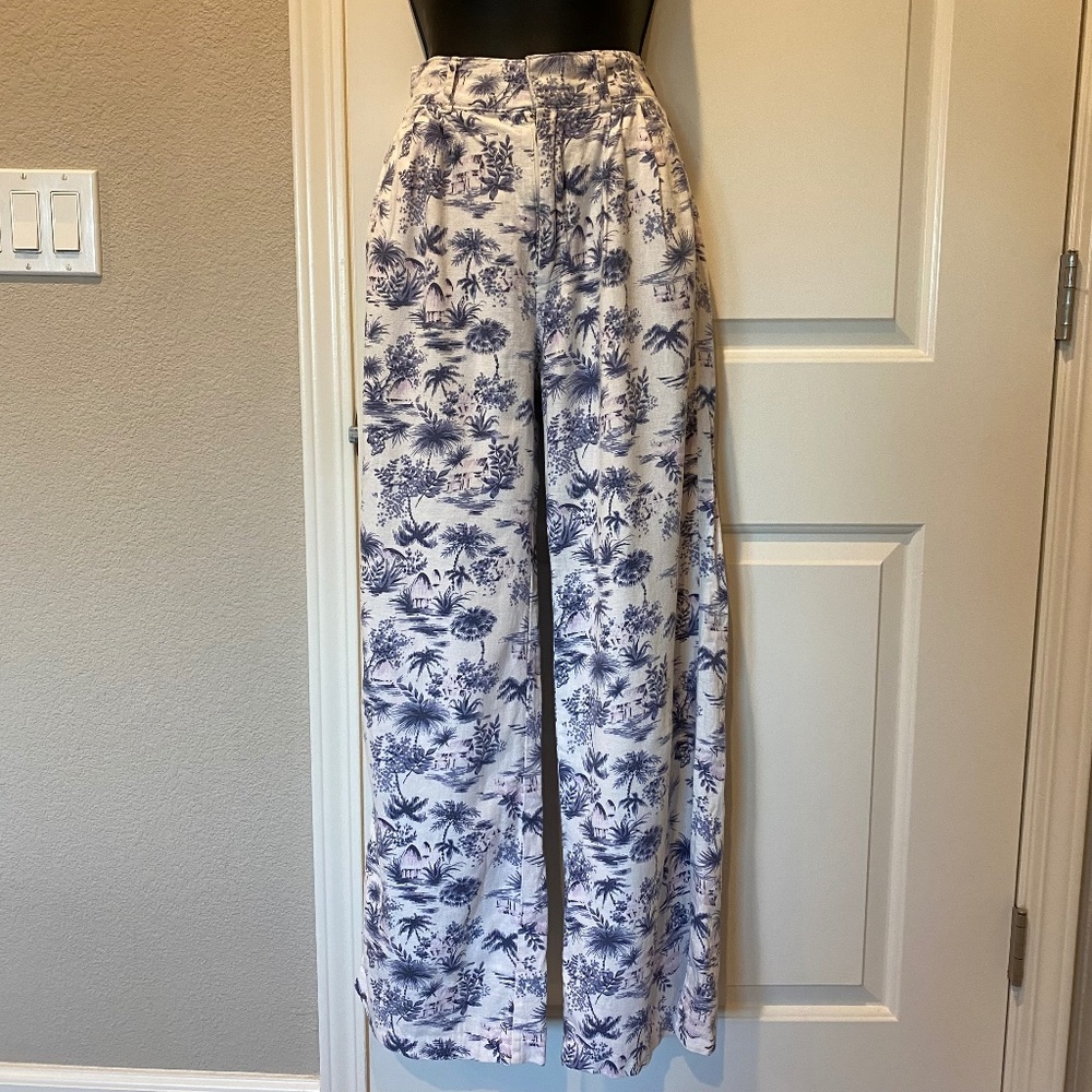 Abercrombie & Fitch Tailored Linen Blend Wide Leg Pant Tropical Print